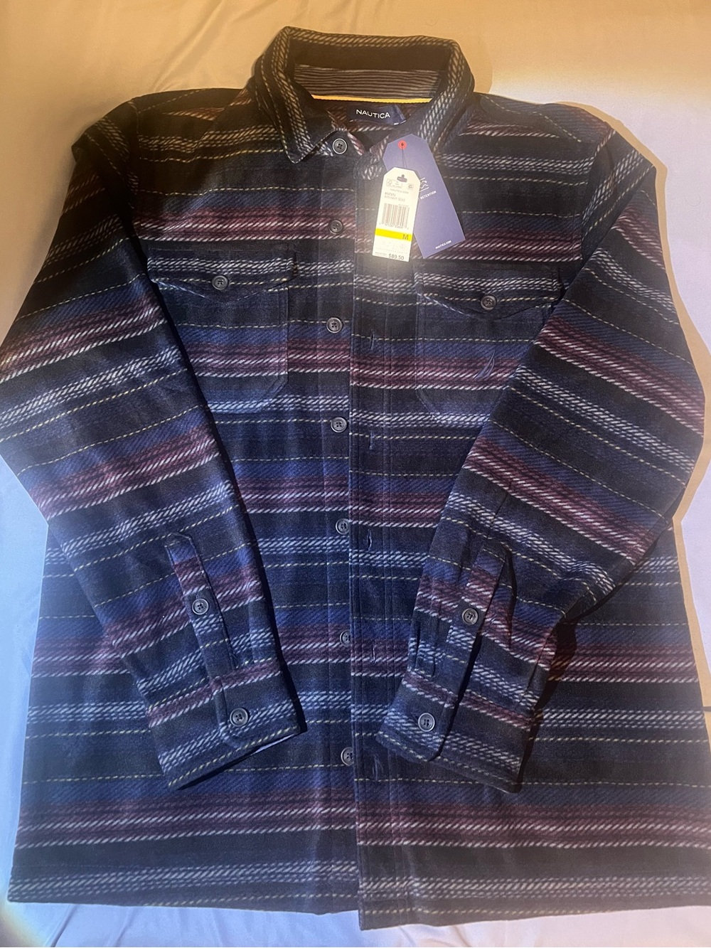 Nautica Navy, Burgundy and White Striped Fleece Shirt Jacket